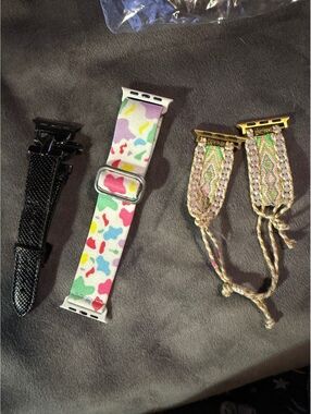 Set of 3 Apple Watch Bands - Black Leather, Colorful Fabric,